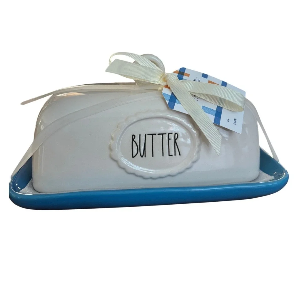 Rae Dunn Artisan Collection Butter Dish Blue Tray White Lid Ceramic Magenta NWT
